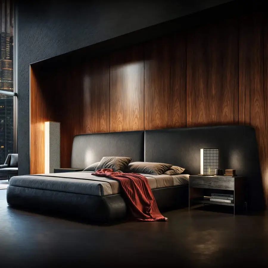 Sophisticated Wayne Enterprises WE-108 nightstand with wood veneer, mirrored shelf, leather, and dark matte finish
