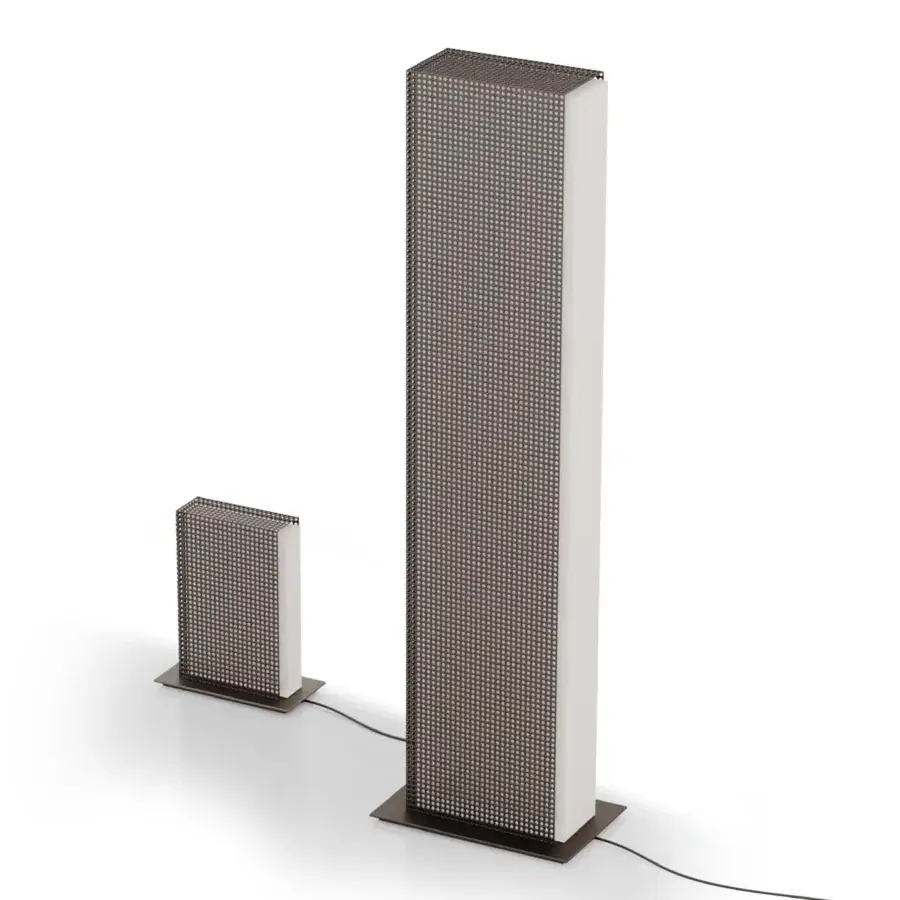 Exclusive Wayne Enterprises WE-122 floor lamp with metal mesh and lacquered base in metallic tone with white interior panel