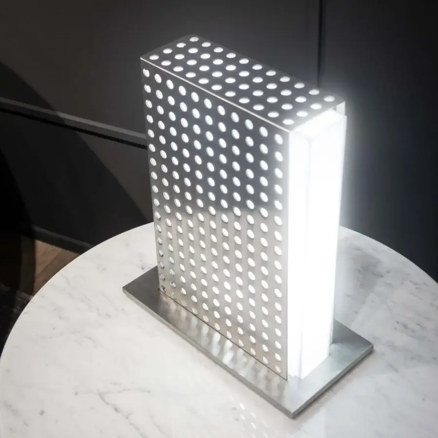 Exclusive WAYNE Enterprises WE-122 lamp with silver perforated metal body and plexiglass inner box crafted in Italy
