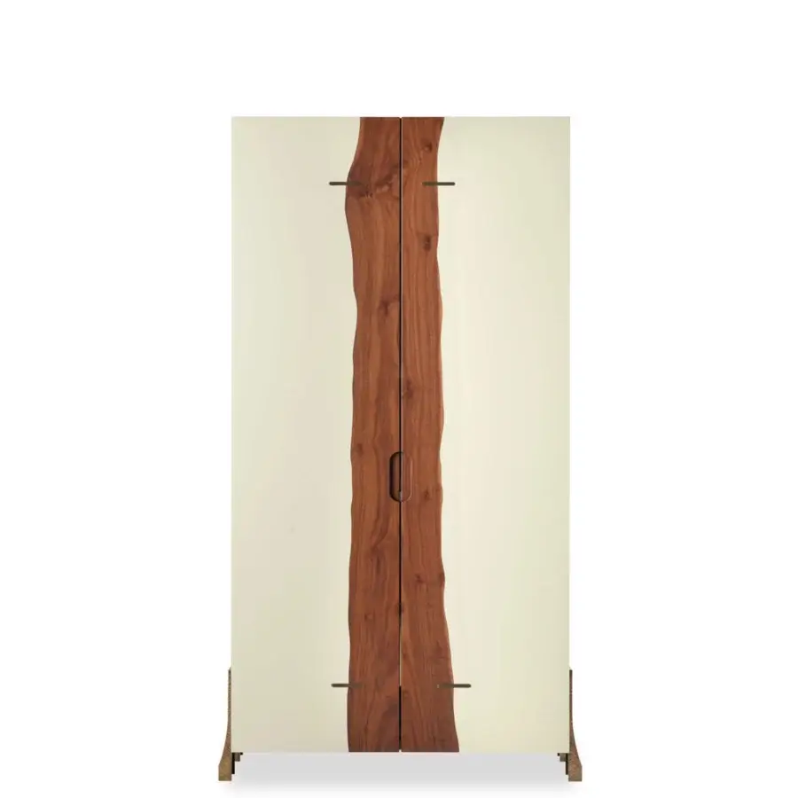 Elegant Bellavista Tree Cabinet crafted in Italian poplar block-board with Walnut detail and hammered cast brass feet with a matte lacquered finish