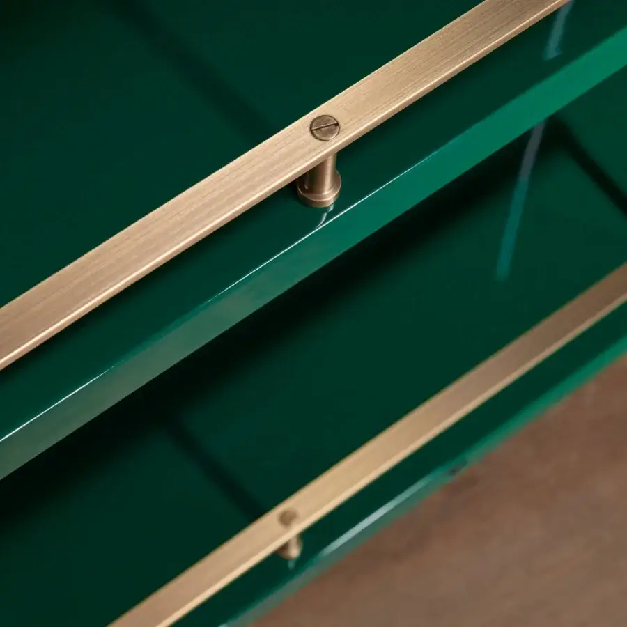 Distinguished Bellavista Tree Cabinet crafted in Italian poplar block-board with glossy deep green lacquered finish and brushed gold-tone metal handles