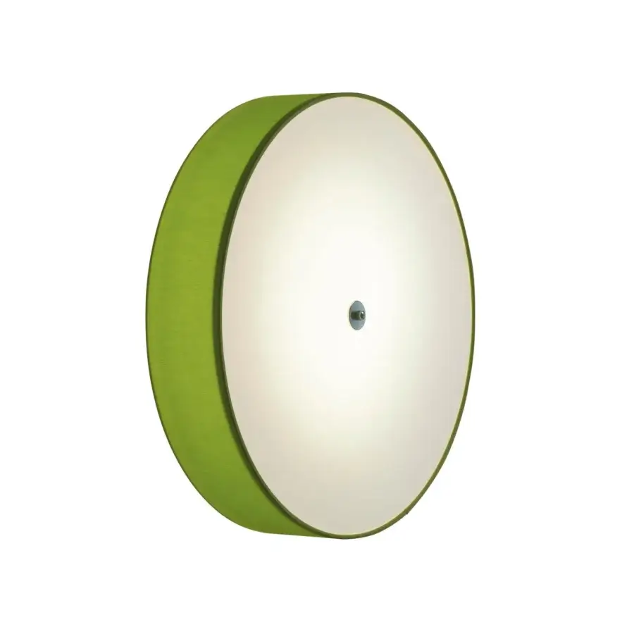 Distinguished Modo Luce Discovolante wall lamp with a captivating circular form and refined green textured fabric belt in smooth synthetic material