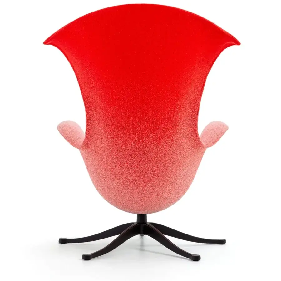 Distinguished Moroso One Page lounge chair crafted in Italy with red speckled textile upholstery and a matte finish aluminum base