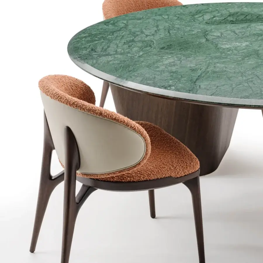 Superior Turri Pinnacle table with green-toned marble top and dark-stained walnut wood sculptural base