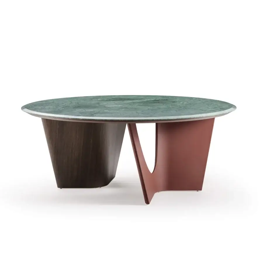 Distinguished Turri Pinnacle table with a round green marble top and dark brown walnut wood sculptural base