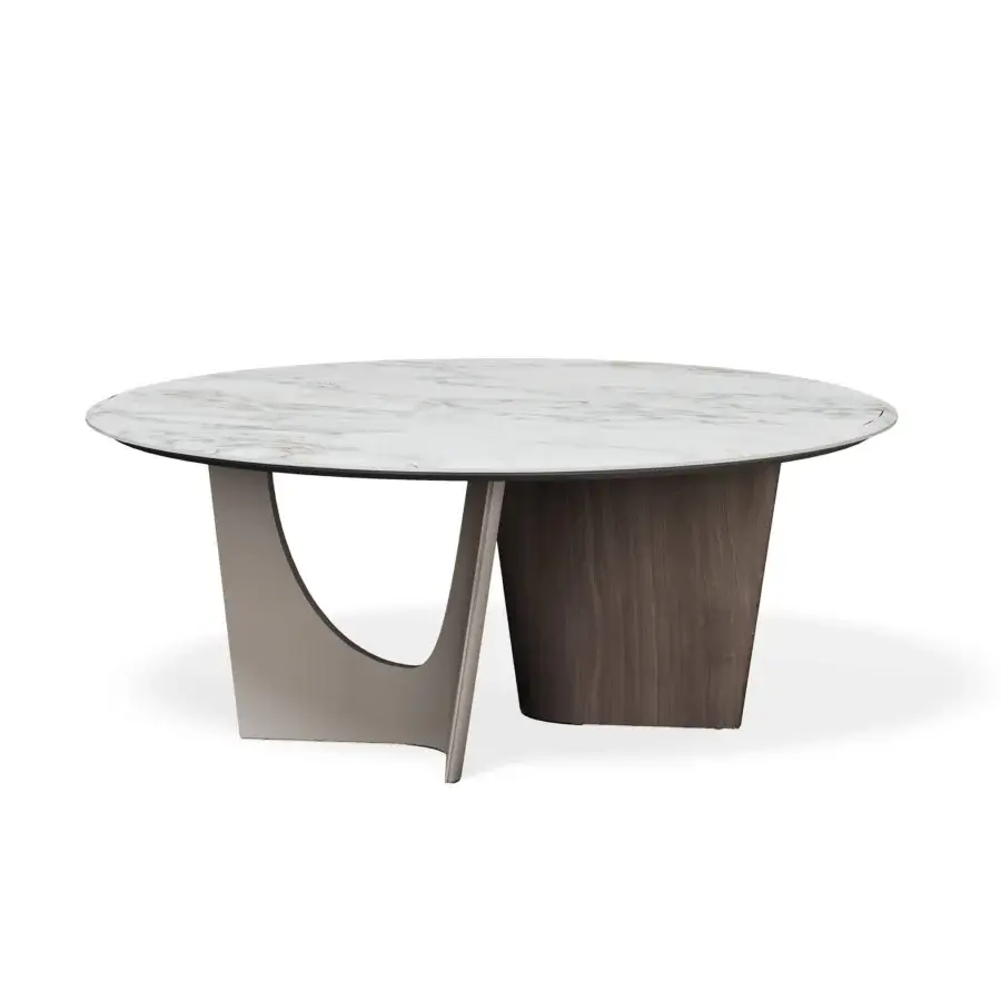 Exceptional Turri Pinnacle table with a round marble top displaying grey and gold veining, built with walnut wood and Italian leather