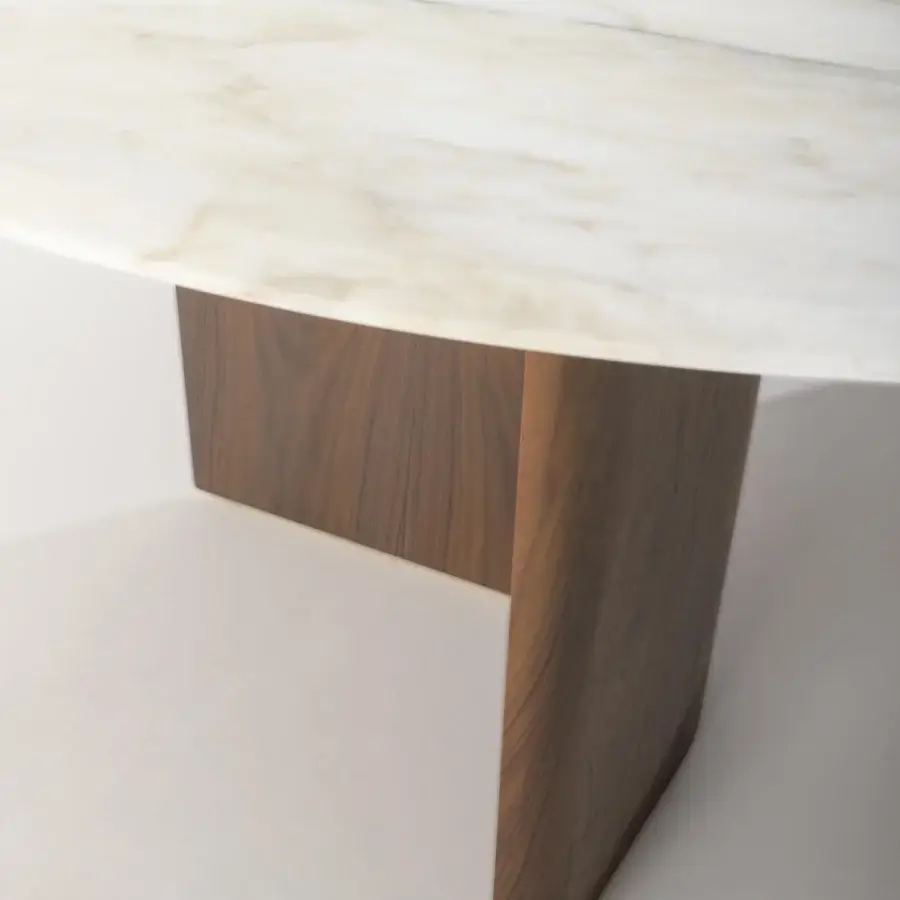 Lavish Turri Pinnacle table with swirling cream and white marble top and sculpted walnut wood base crafted with Italian leather accents