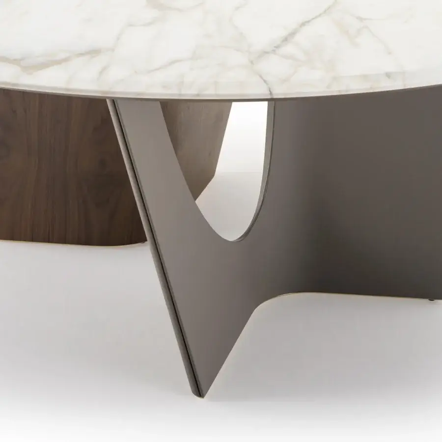 Exceptional Turri Pinnacle table with brown and gray veined marble top and angular dark composite support built with walnut wood