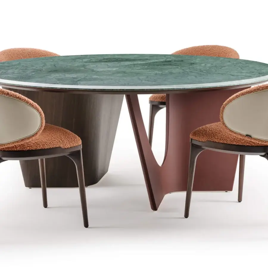 Lavish Turri Pinnacle table with refined green marble top and sculptural walnut wood with Italian leather base