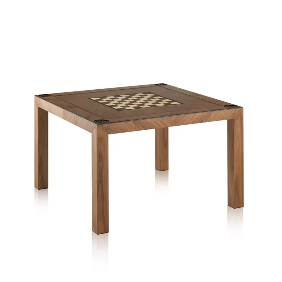 Superior Bellavista Las Vegas table crafted in Italy from oak veneered poplar block-wood with medium-brown finish and checkerboard inlay
