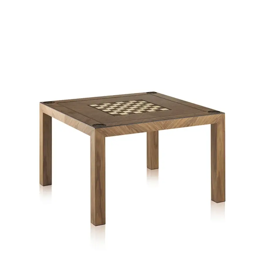 Distinguished Bellavista Las Vegas table crafted in Italy from oak veneered poplar block-wood with black stained maple edges and brass coasters