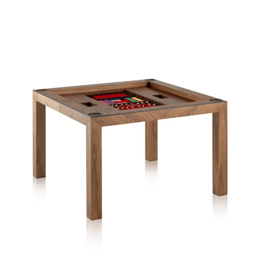 Exceptional Bellavista Las Vegas table built in oak veneer with poplar, boasting a smooth medium-brown finish and brass accents