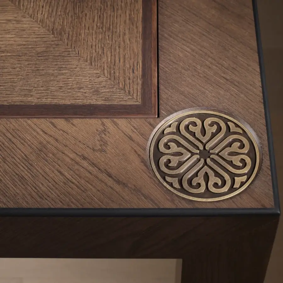 Lavish Bellavista Las Vegas table crafted in Italy from oak veneered poplar with a textured matte finish and brass-like inlay