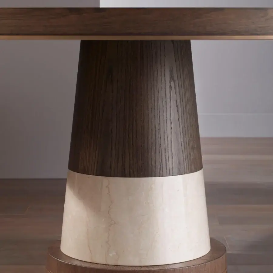 Distinguished Bellavista Oliver table with inlaid veneered top and light beige marble plinth in dark brown finish