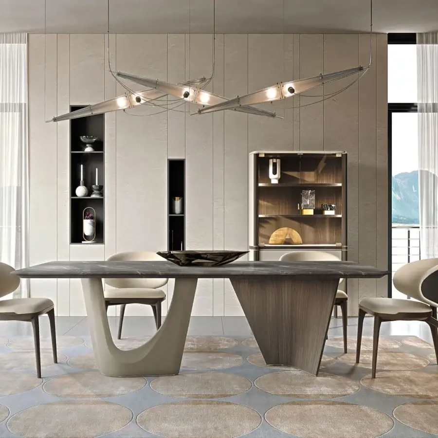 Exceptional Turri Pinnacle table with a dark wood top and sculptural walnut base crafted in Italian leather with a decorative bowl