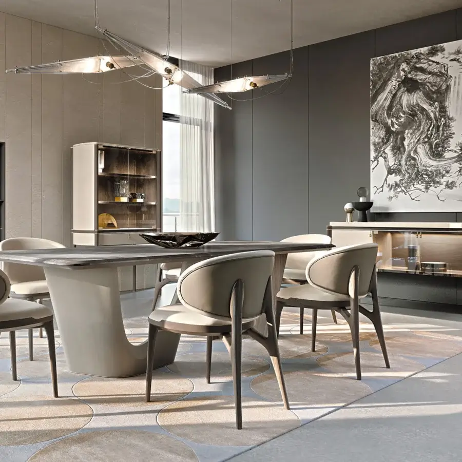 Sophisticated Turri Pinnacle table with a smooth dark composite top and sculptural walnut wood with Italian leather base