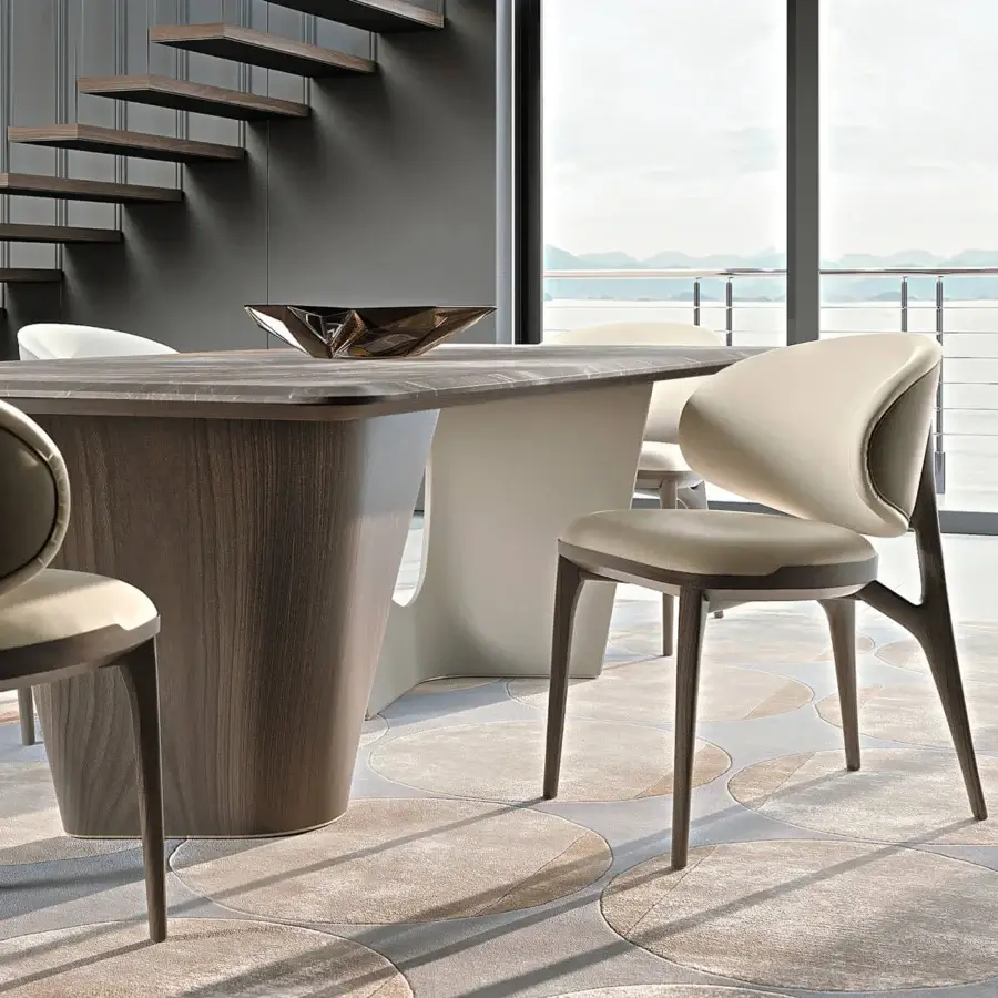 Exclusive Turri Pinnacle table with a rounded natural wood top and sculptural walnut and off-white base with a matte finish
