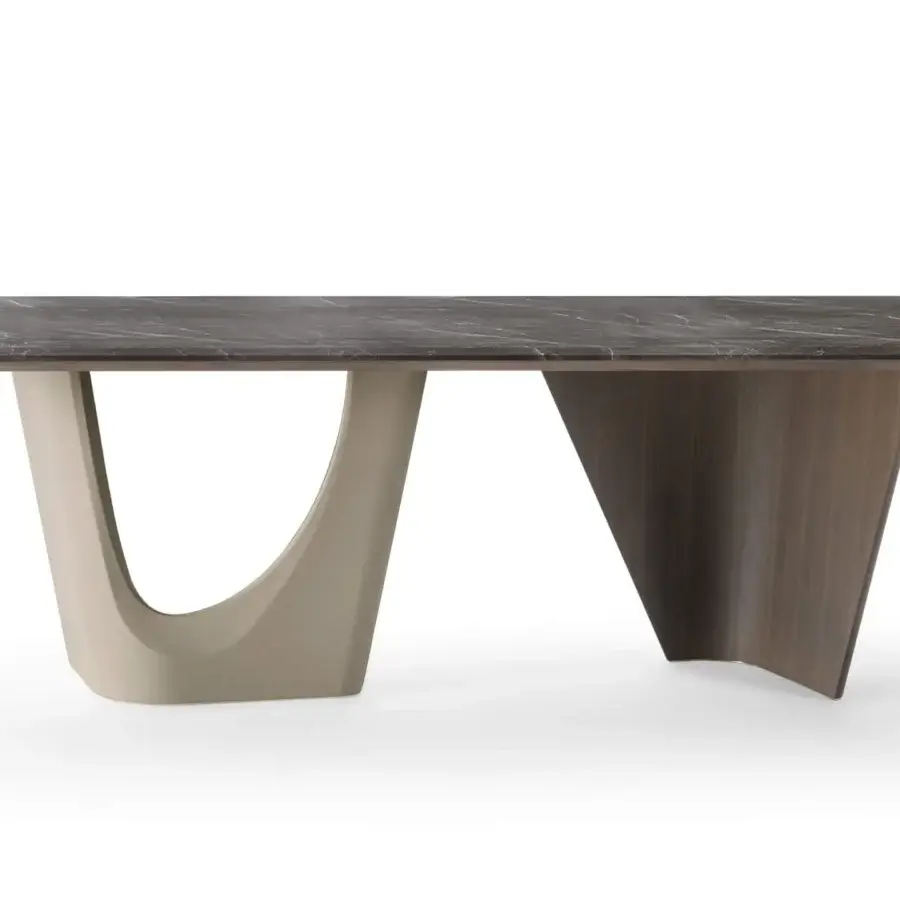 Distinguished Turri Pinnacle table with a dark marble top and sculptural base crafted in walnut wood with textured finish and light beige Italian leather