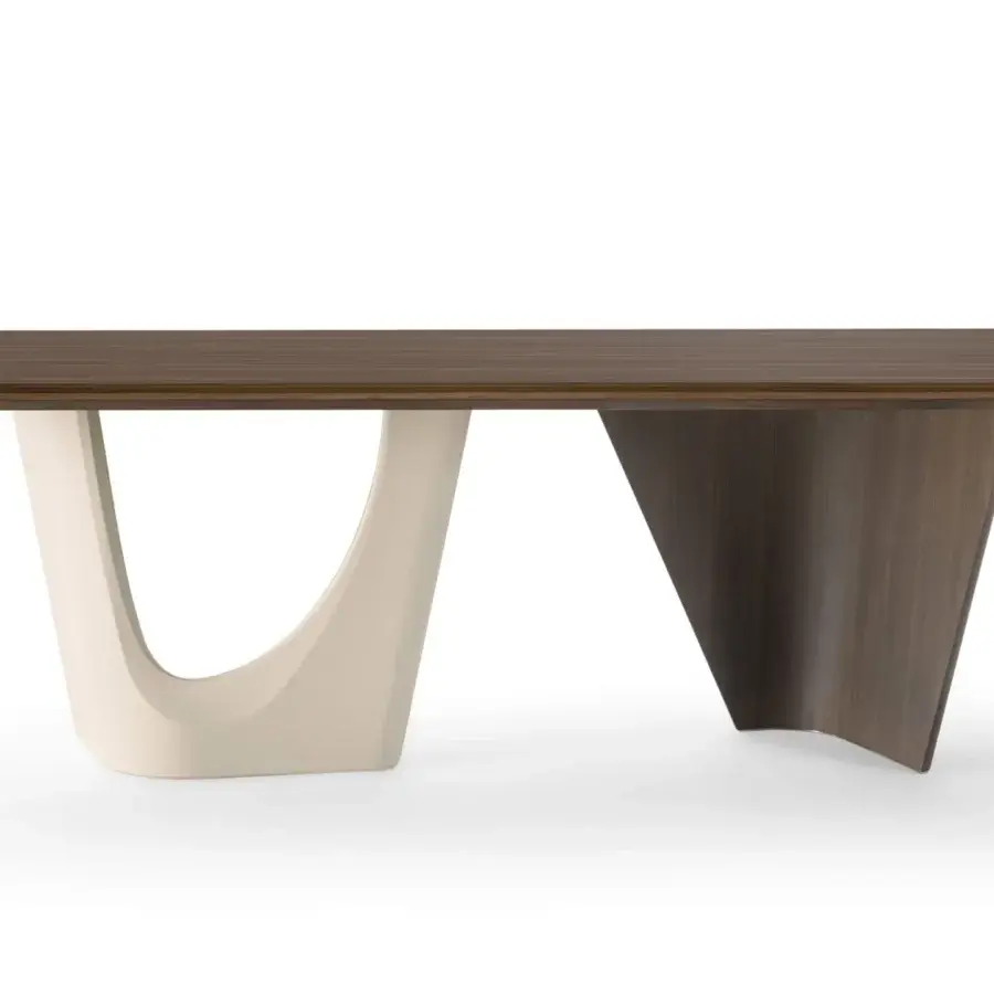 Exceptional Turri Pinnacle table with a walnut wood top, rounded edges, and a sculpted off-white leather base