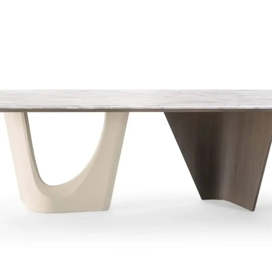 Superior Turri Pinnacle table with a matte marble top, curved leather leg, and triangular walnut wood support
