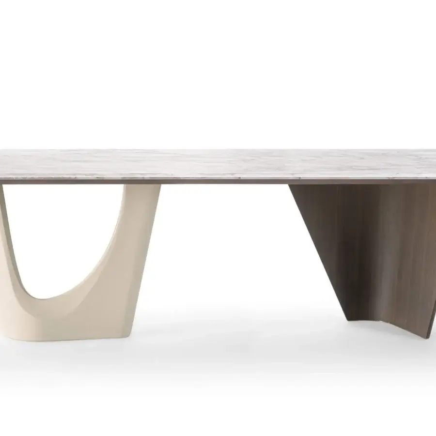 Elegant Turri Pinnacle table with a rectangular marble top, sculptural base built in dark walnut wood and a light beige finish