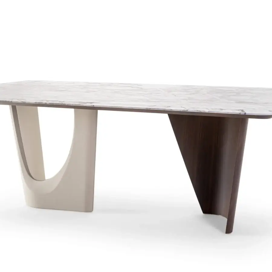 Distinguished Turri Pinnacle table with light gray and white marble top, sculptural legs built with dark brown wood and light beige synthetic support