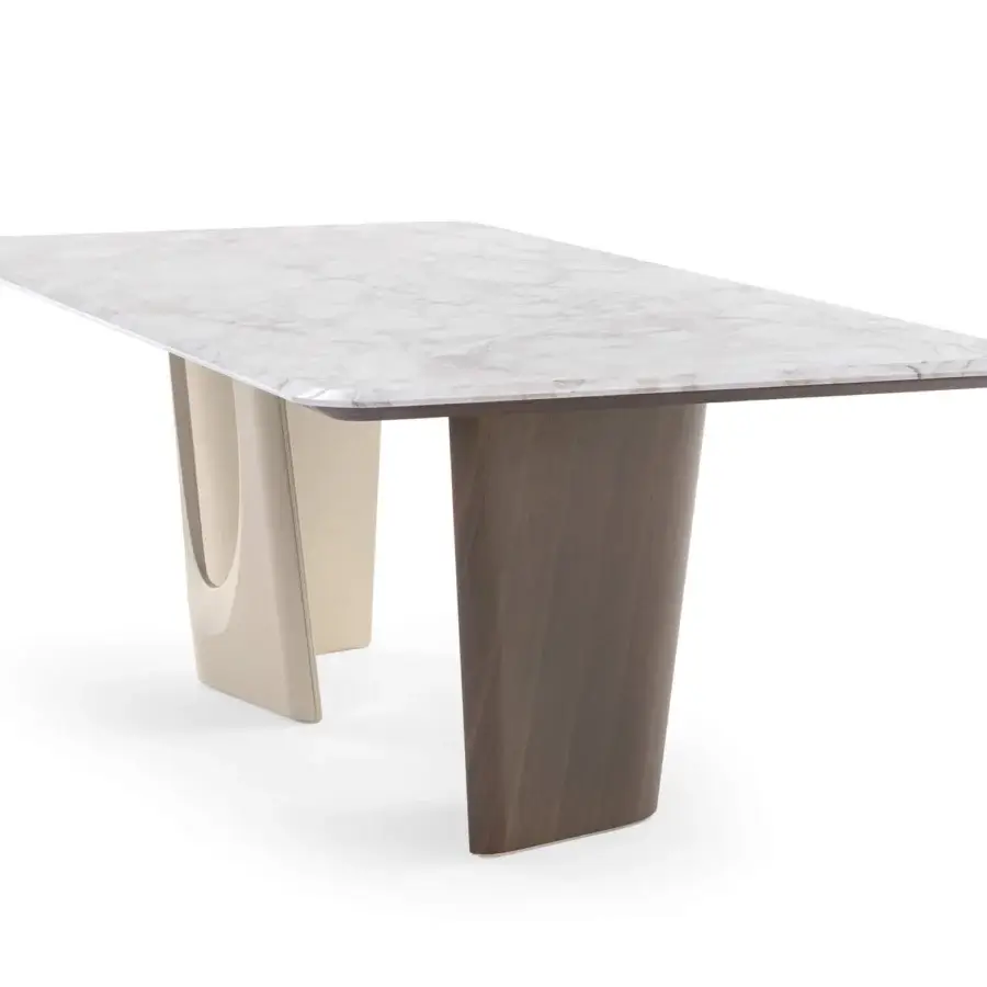 Exceptional Turri Pinnacle table with faux marble top, walnut wood base and Italian leather accents