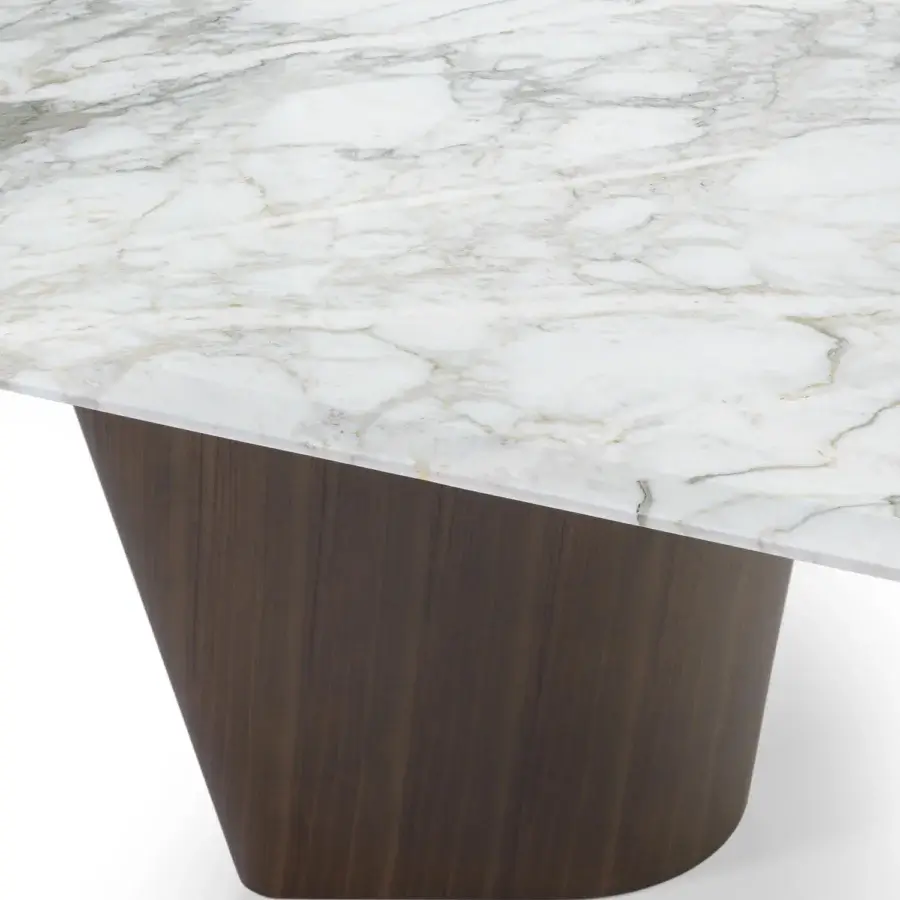 Superior Turri Pinnacle table with white marble top exhibiting gray and gold veining and glossy finish crafted with walnut wood base