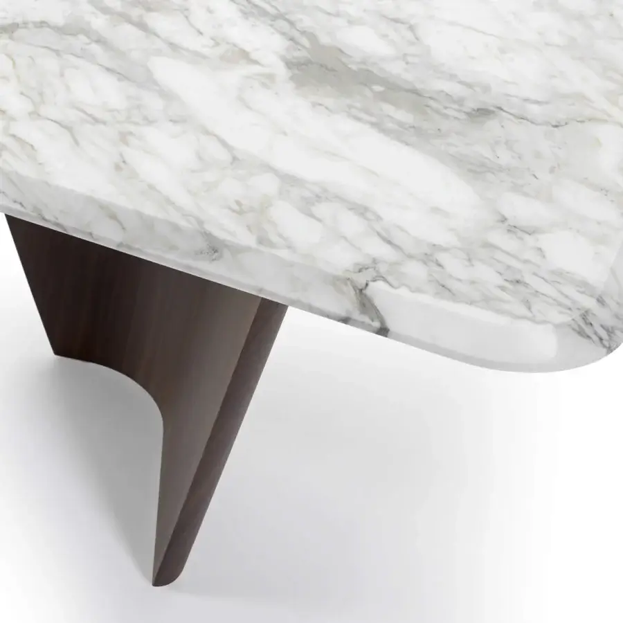 Elegant Turri Pinnacle table with a rectangular white, gray and beige marble top built upon a curved dark brown walnut wood leg