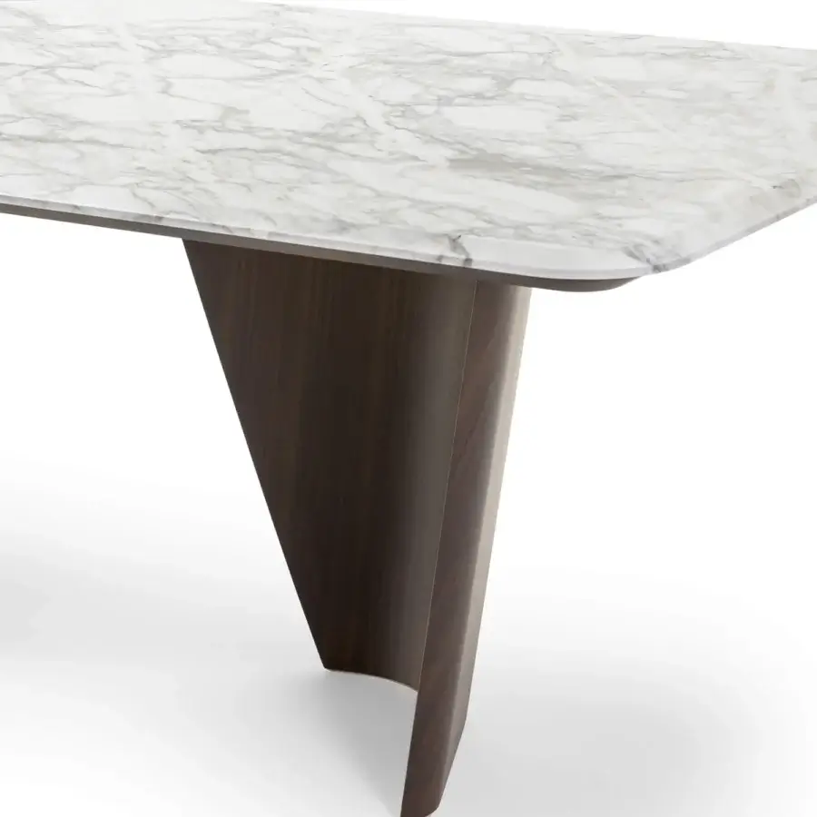 Distinguished Turri Pinnacle table with cool white marble top and sculptural matte walnut wood base