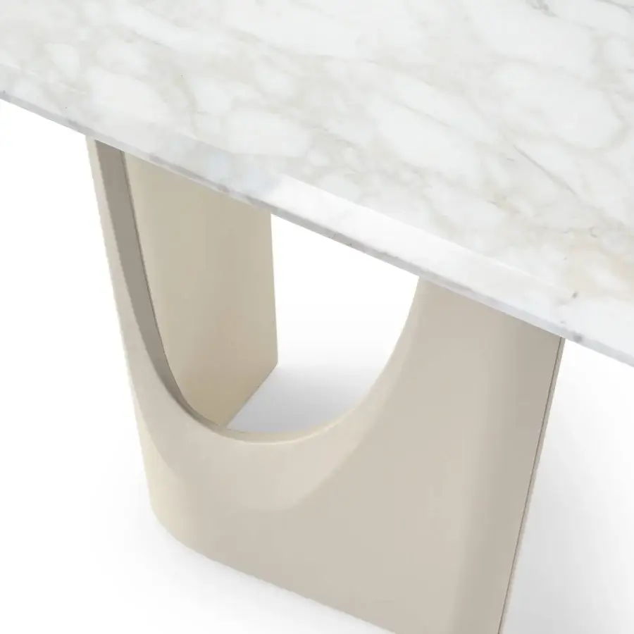 Exceptional Turri Pinnacle table with white and beige marble top and walnut wood base crafted in soft Italian leather