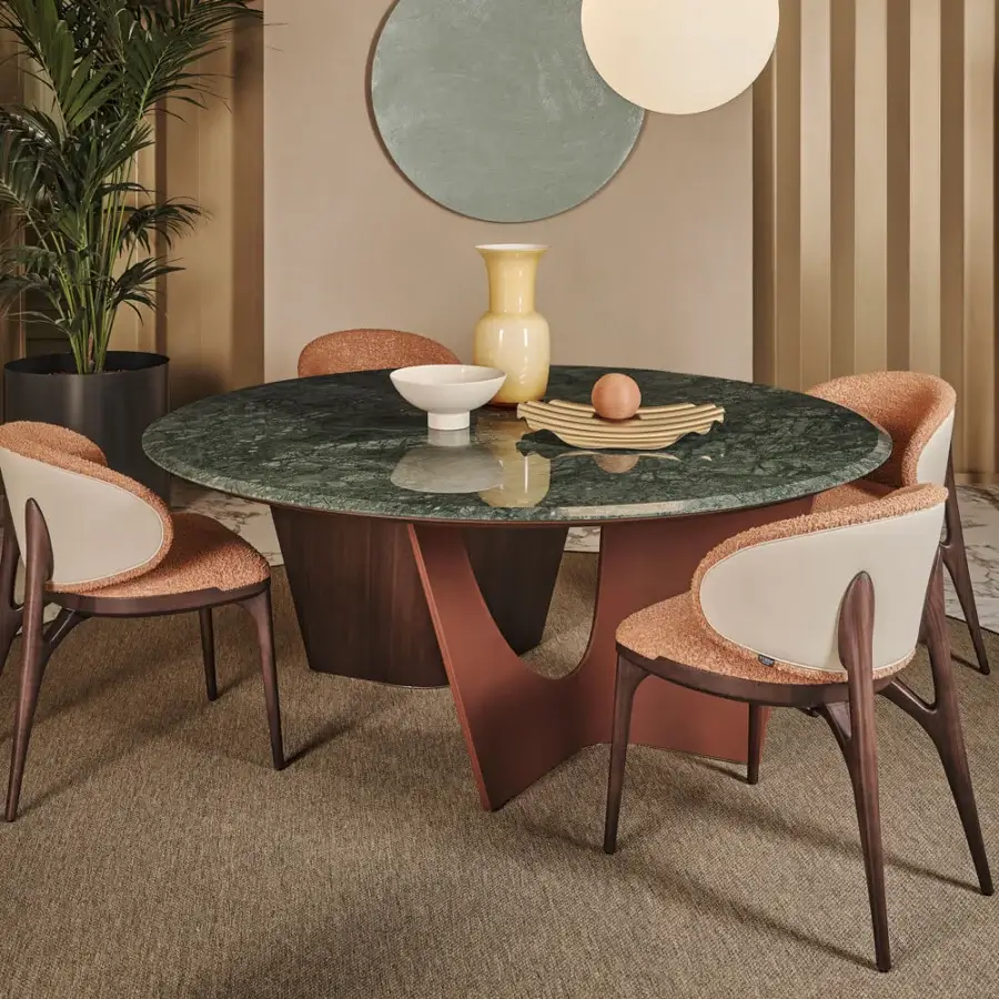 Distinguished Turri Pinnacle chair with dark brown wood and textured orangish textile upholstery contrasted by light beige material