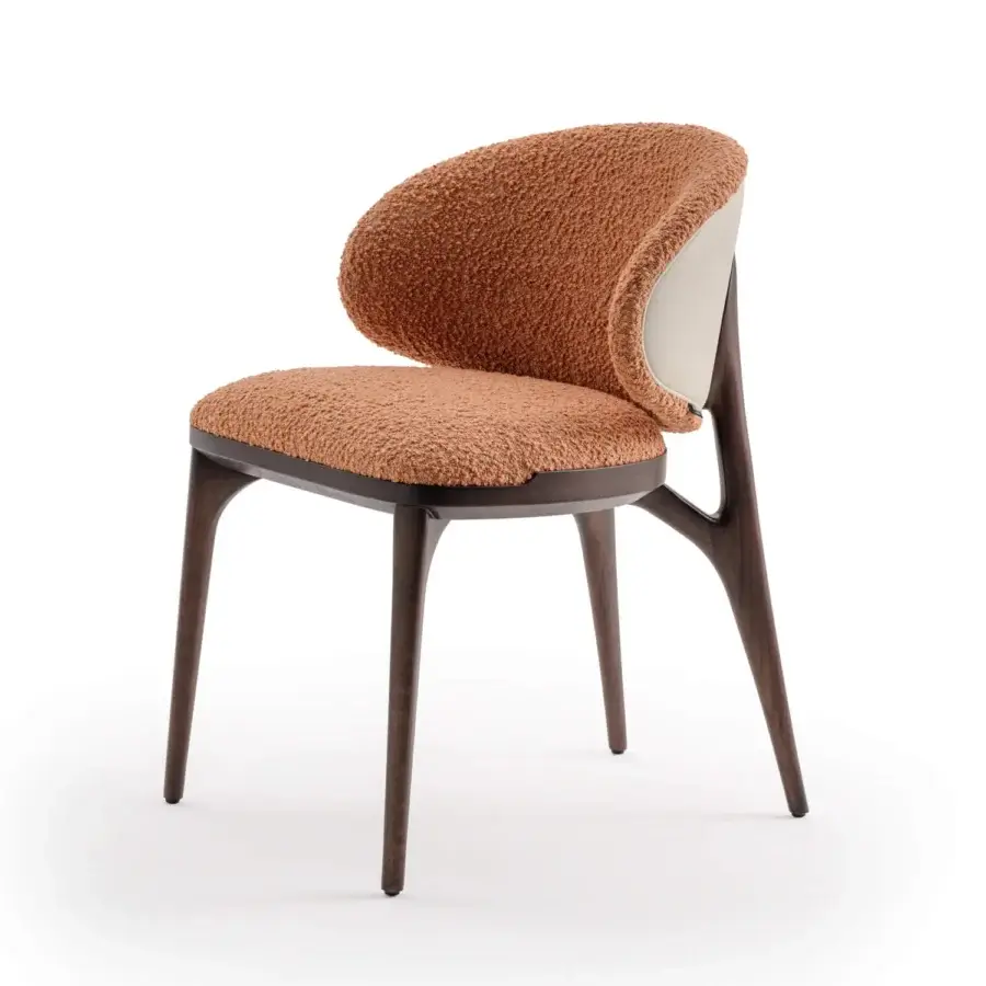 Exceptional Turri Pinnacle chair with dark brown wood and textured light brown textile upholstery