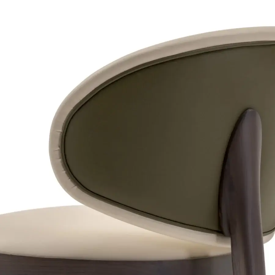 Distinguished Turri Pinnacle chair with dark brown wood and olive green leather upholstery complemented by light beige trim
