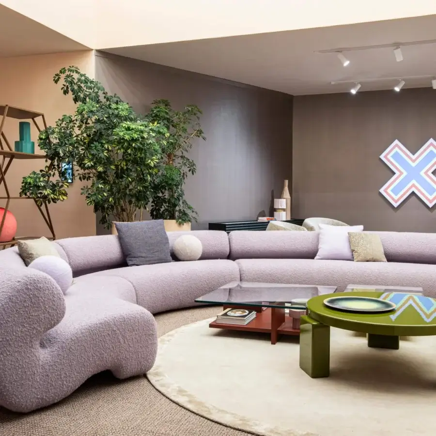 Captivating Moroso Gruuve sofa with fluid lines upholstered in light lavender fuzzy textile and Polimex® base