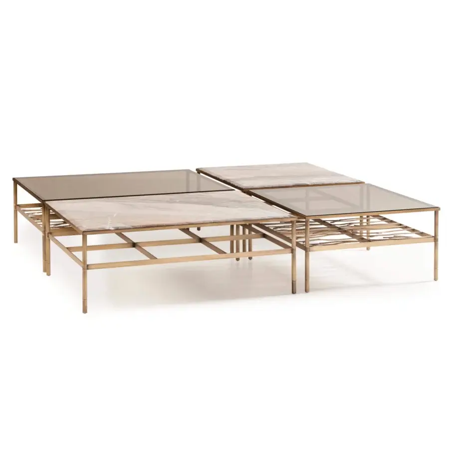 Exceptional Bellavista Alcobas coffee table with hammered brass structure and light marble or bronzed glass tops