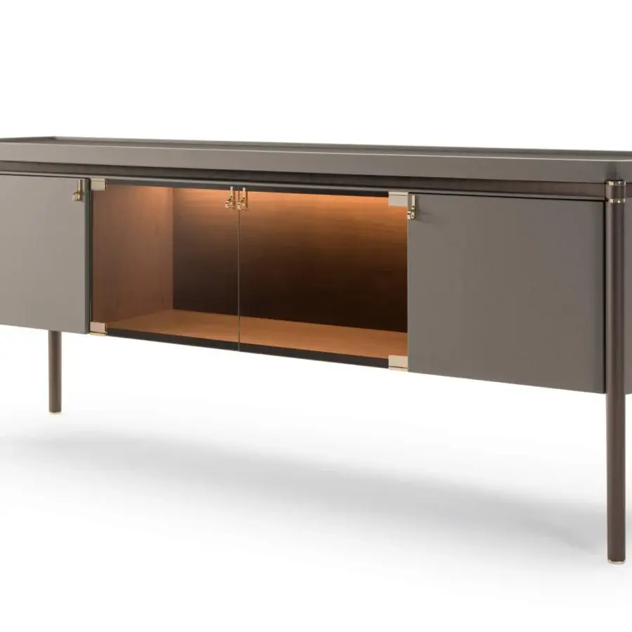 Distinguished Turri Pinnacle sideboard with wooden structure, leather applications, dark brown matte finish, and extra-clear glass doors