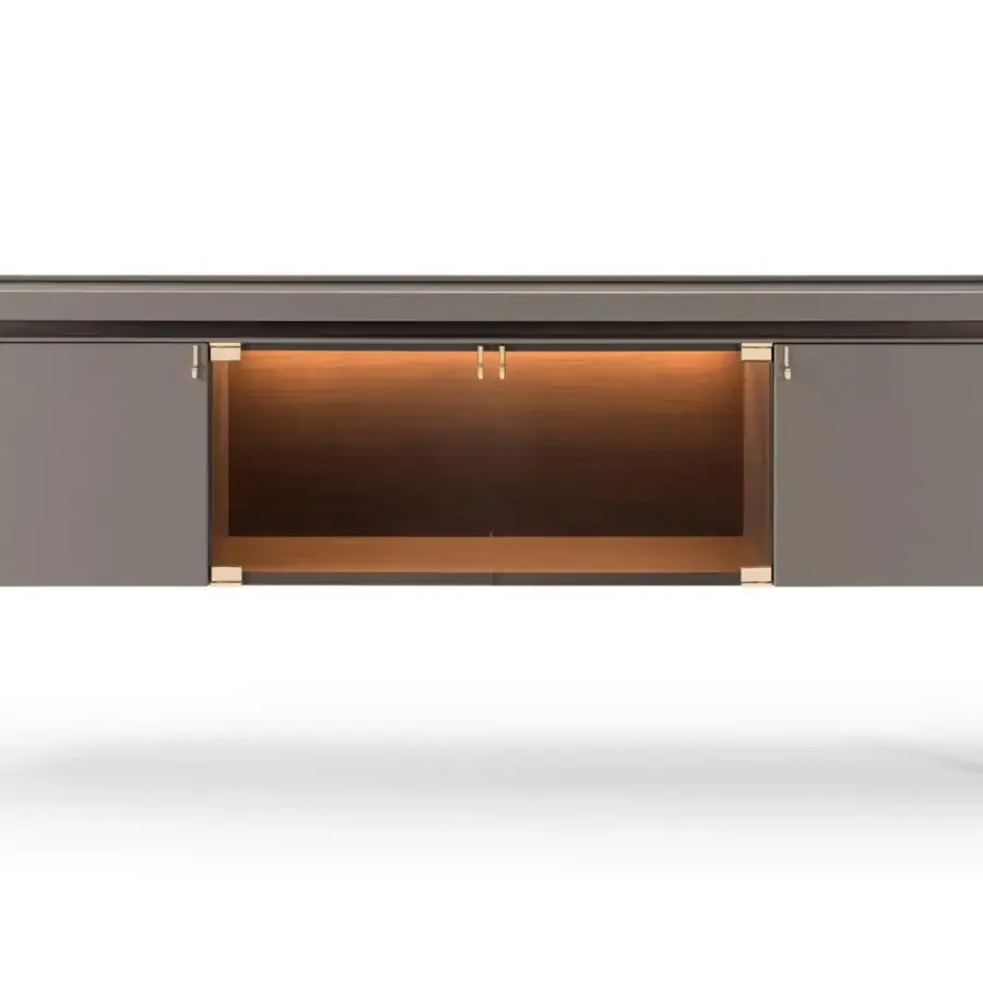 Superior Turri Pinnacle sideboard with sleek wooden structure, refined leather applications in taupe gray, and light gold metal accents