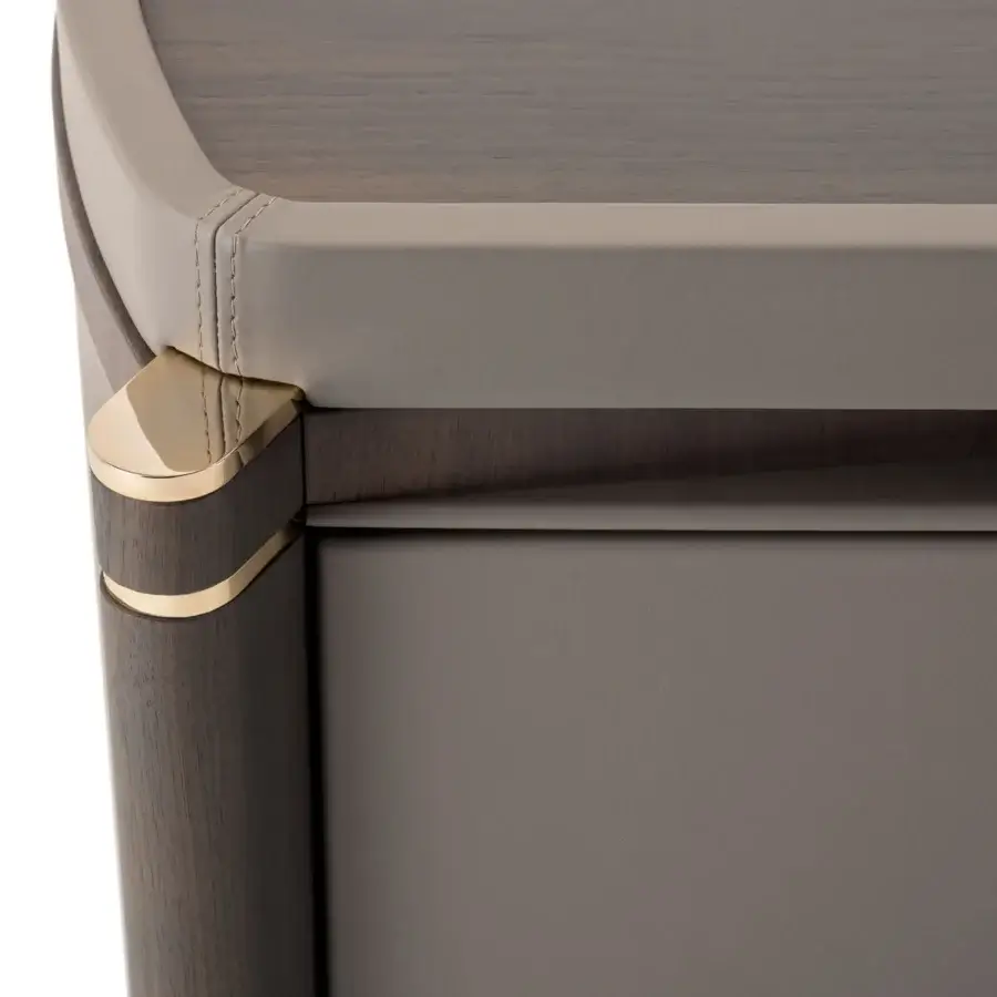 Lavish Turri Pinnacle sideboard with wooden structure, light gray-brown leather and light gold metal details, built with extra-clear glass doors