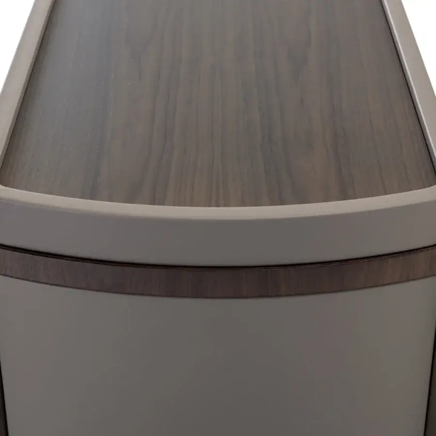 Exceptional Turri Pinnacle sideboard with wooden structure, gray leather applications and light gold metal details in stained finish