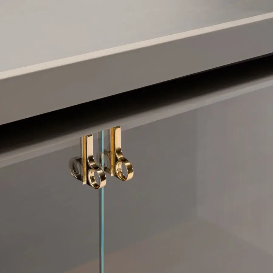 Lavish Turri Pinnacle sideboard with wooden structure, muted gray finish and illuminated extra-clear glass doors
