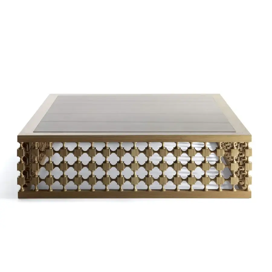 Distinguished Bellavista Ali Baba coffee table with solid oak structure and inlaid light-toned wood finish exhibiting openwork latticed sides