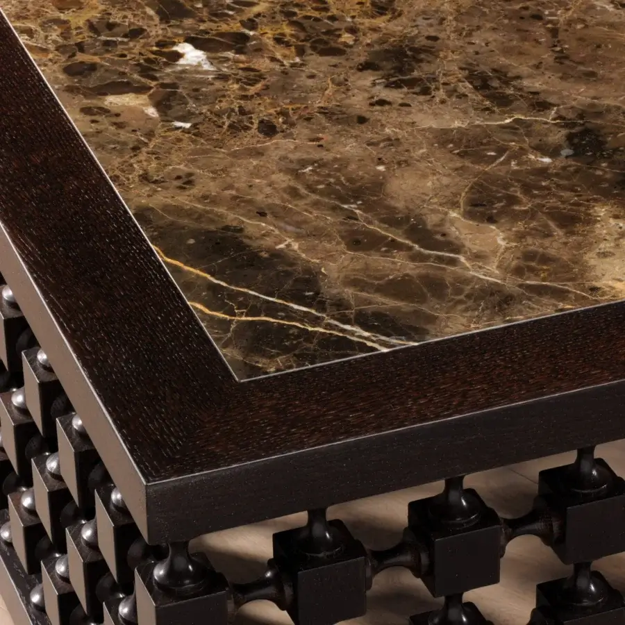 Superior Bellavista Ali Baba coffee table built in solid oak with a brown, marble-like inlaid top and matte finish