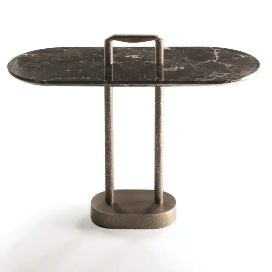 Elegant Bellavista Don Diego side table with dark brown marble and hammered cast brass in a bronze tone finish