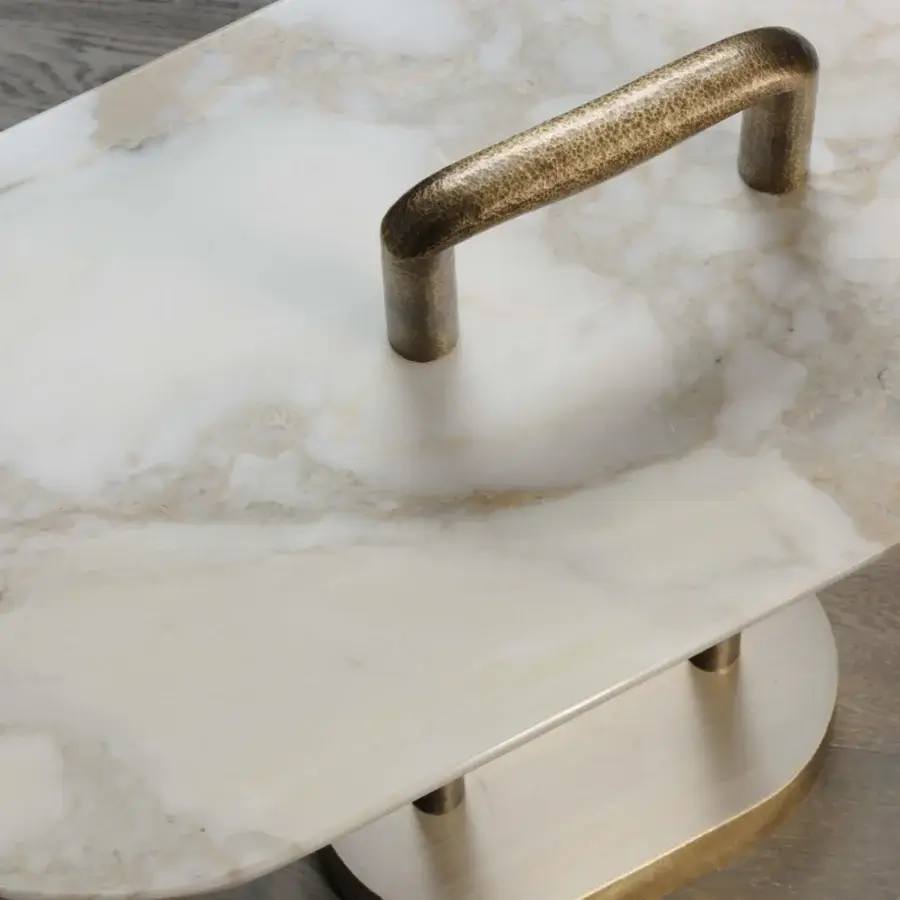 Distinguished Bellavista Don Diego side table with creamy white marble and hammered cast brass structure in bronze tone