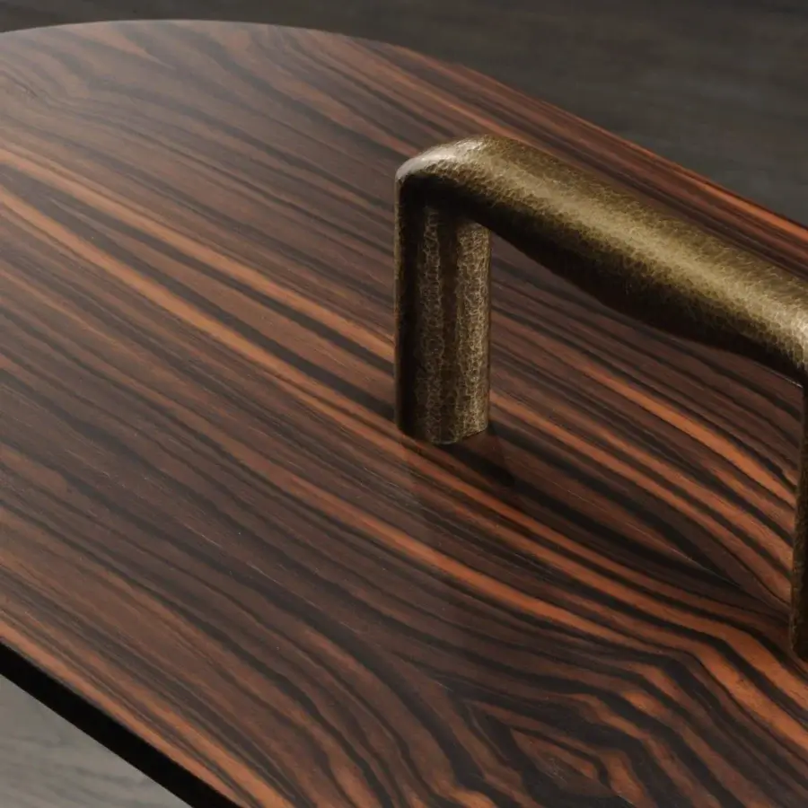 Exceptional Bellavista Don Diego side table crafted with hammered cast brass and Italian poplar veneered in European woods with glossy finish