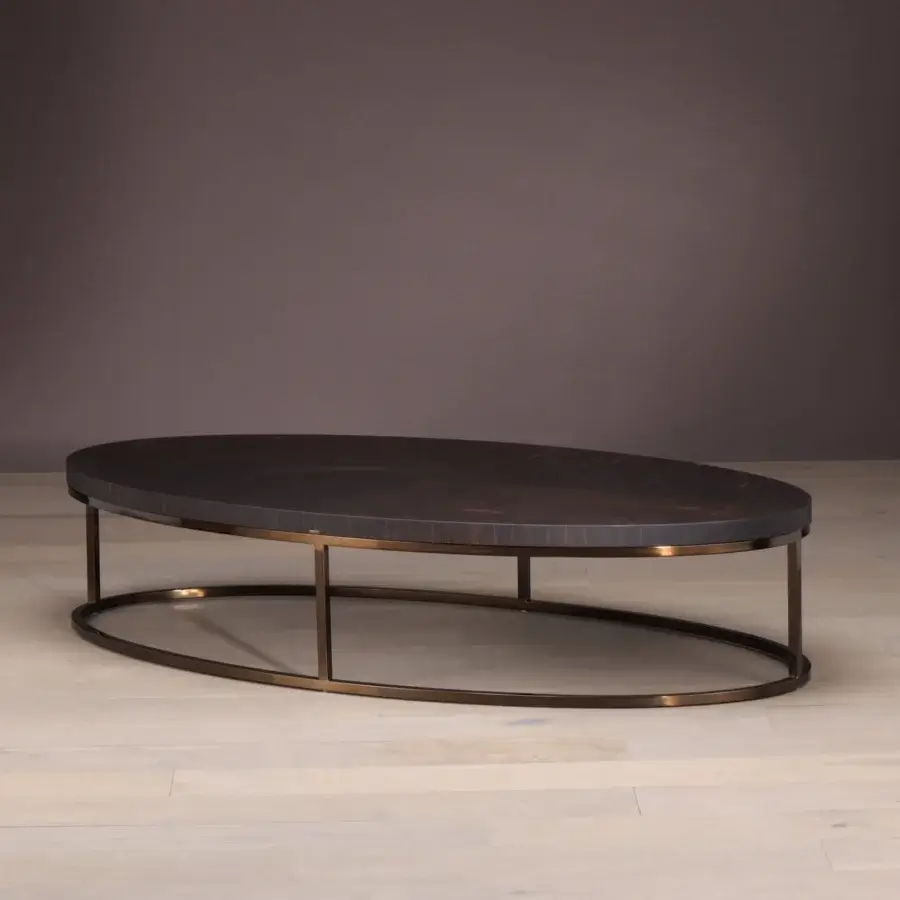 Distinguished Bellavista Francis coffee table with dark-stained European wood and bronze-toned metal base crafted in Italy
