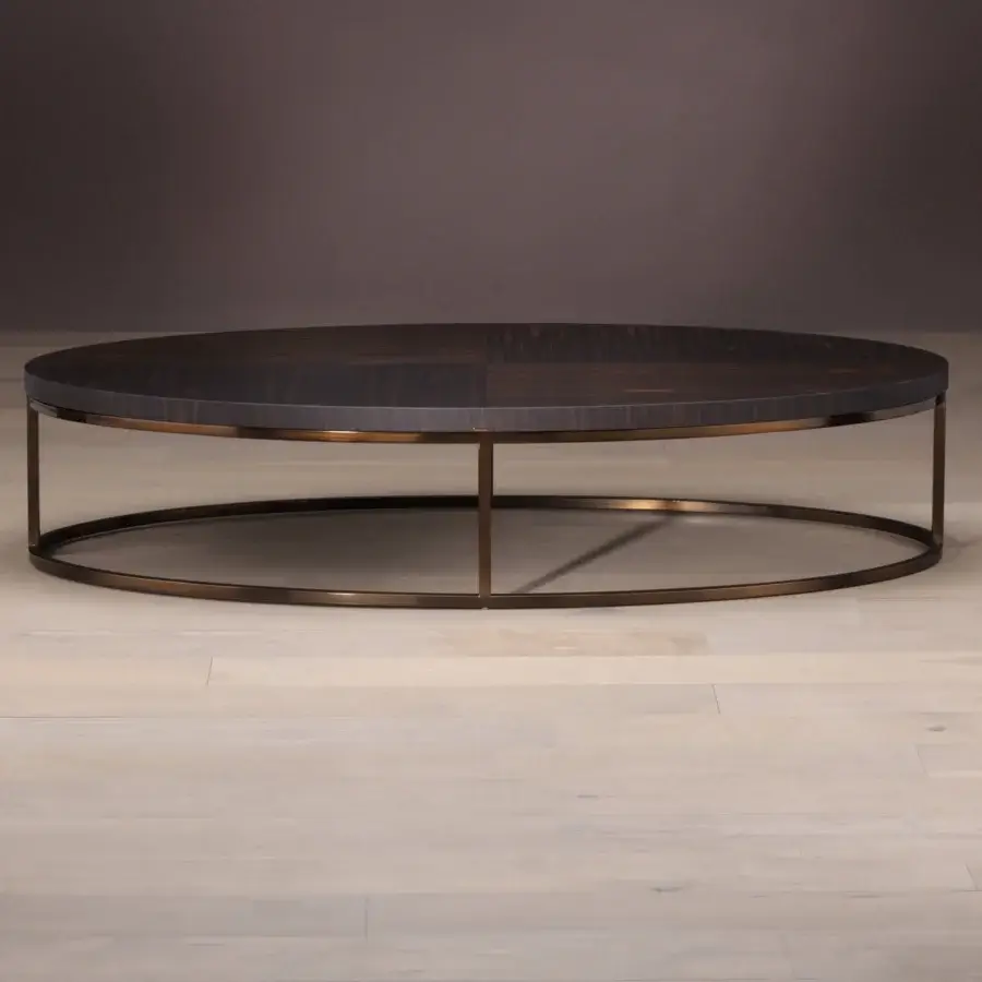 Superior Bellavista Francis coffee table with dark-stained European wood and bronze-colored metal base