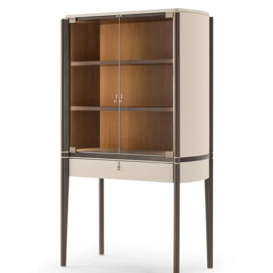 Exceptional Turri Pinnacle bar cabinet crafted from wood and glass with metal details in a light beige tone and dark brown accents with internal lighting