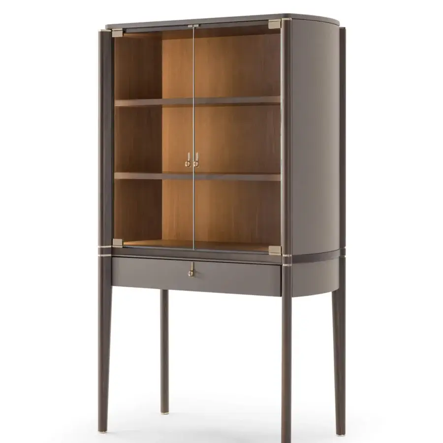 Elegant Turri Pinnacle bar cabinet with curved sides, metal details, wooden shelves and glass doors in a muted greyish-brown finish